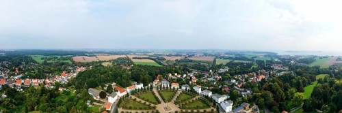 Aerial panorama over Putbus showing the Circus with Obelisk, Ruegen