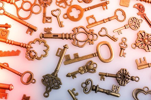 Retro style metal keys on a white background,