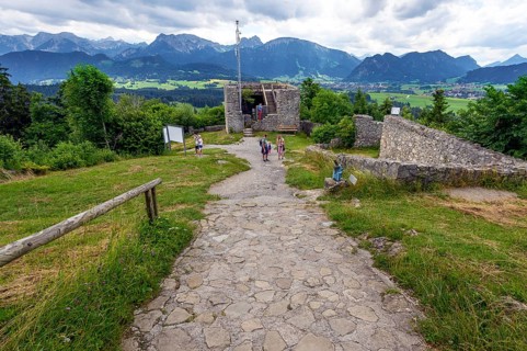 View of the Alps with Aggenstein and Breitenberg in the middle, Eisenberg castle ruins near Pfronten