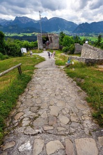 View of the Alps with Aggenstein and Breitenberg in the middle, Eisenberg castle ruins near Pfronten