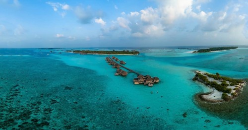 Aerial view, Gili Lankanfushi with water bungalows