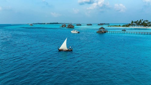 Aerial view, Gili Lankanfushi with water bungalows