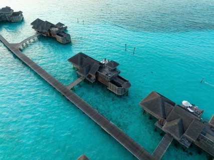 Aerial view, Gili Lankanfushi with water bungalows