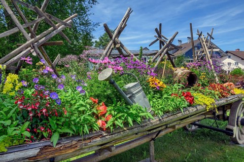Old hay cart with floral decorations and hay candles, Buchenberg