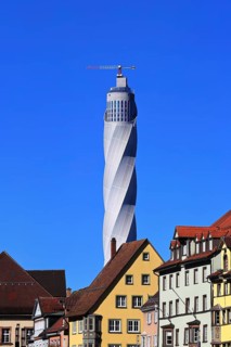 Test tower for lifts in Rottweil under a cloudless blue sky. Rottweil, Freiburg