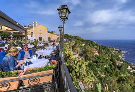Street cafe in Piazza IX Aprile Belvedere with sea view, Taormina