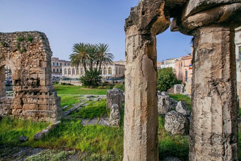 Greek temple of Apollo at the entrance to the old town, Syracuse