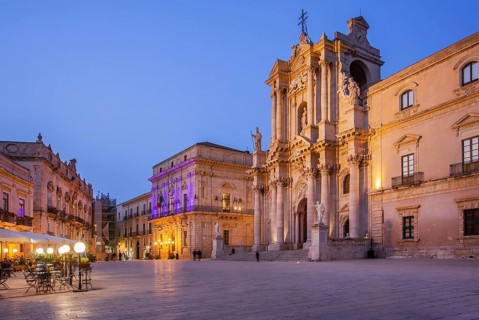 Cathedral square with the cathedral at dusk, Syracuse