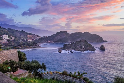 Coastal landscape with Isola Bella at dawn, Taormina