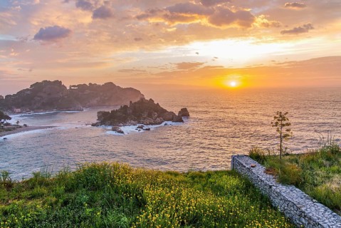 Coastal landscape with Isola Bella in spring at sunrise, Taormina