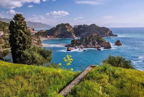 Coastal landscape with Isola Bella in spring, Taormina