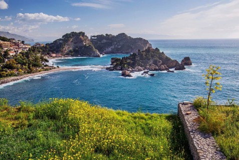Coastal landscape with Isola Bella in spring, Taormina