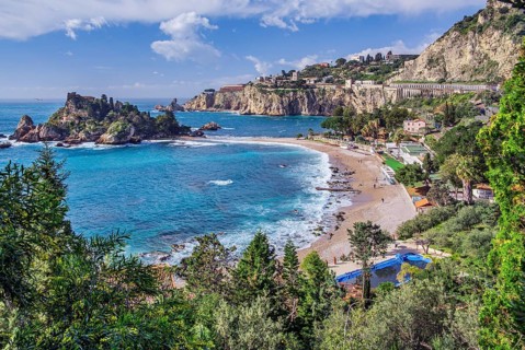 Coastal landscape with beach and Isola Bella in spring, Taormina