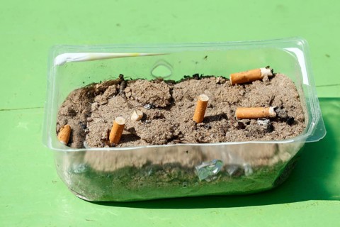 Cigarette butts in a plastic bowl as an ashtray, Germany
