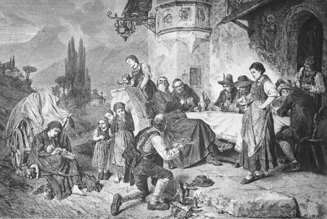 Historical illustration of a travelling merchant with crosses, crucifixes
