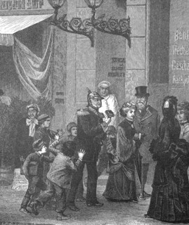 Historical illustration of people standing in front of a bank in Berlin, Germany. Children