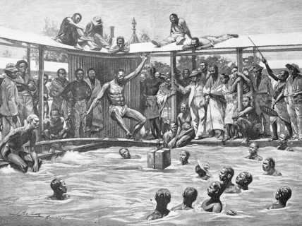 Historical illustration of a game in the water, made by natives