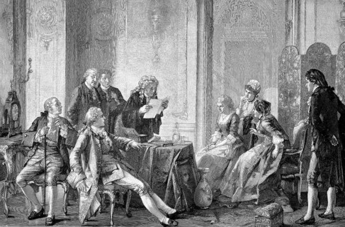 Historical illustration of the reading of a will at a notary's office in 1880, Historical