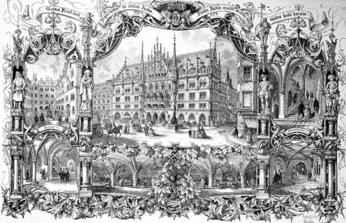 Historical illustration of the new town hall of Munich, Bavaria