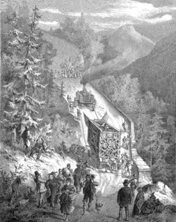 Historical illustration showing the transport of the parts of a large cross on a mountain pass in the Bavarian Alps near Ettal, Bavaria