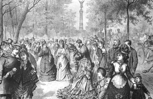 Historical illustration of an autumn afternoon in the Thiergarten in Berlin, Germany