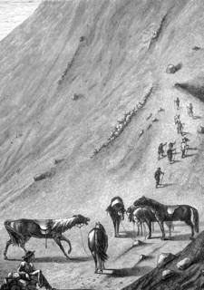 Historical illustration of the last horse station on the volcano Vesuvius, Naples