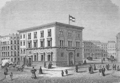 Historical illustration of the Olfen bank building in Hamburg, Germany