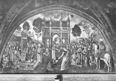 Historical depiction of the disputation of St Catherine of Alexandria, also known as St Catherine of the Wheel and the Great Martyr Catherine