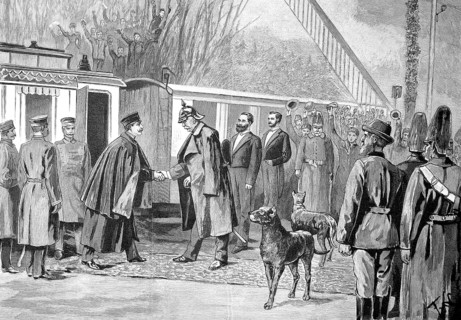 The visit of Emperor Wilhelm II to Friedrichsruh, Germany. Handshake between the Emperor and Bismarck. Otto von Bismarck