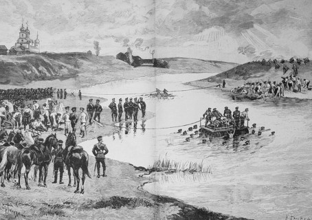 Historical illustration of the Russian manoeuvre 1882, crossing of the river Moskva near Moscow