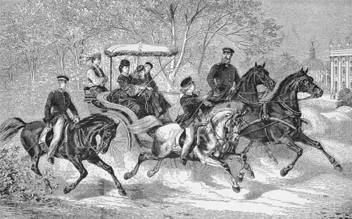 Crown Prince Frederick William with his family on a ride with horses and carriage, Germany