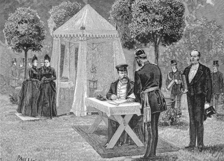 Emperor Heinrich in front of his marquee, signing documents