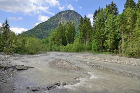 View over the river landscape of the Trettach to the mountain Himmelschrofen 1759 m, mountain river