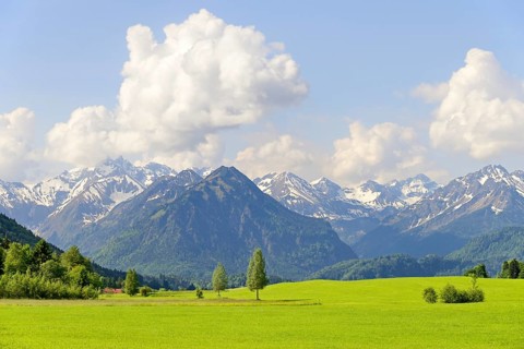View of the mountain panorama of the Allgaeu Alps from a hiking trail near Reichenbach, in front the Himmelschrofen 1776 m