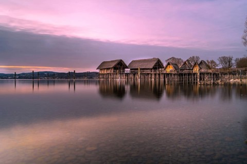 Lake Dwellings Museum at the Blue Hour in Unteruhldingen on Lake Constance, Germany