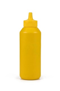 Yellow mustard squeeze bottle isolated on white background,