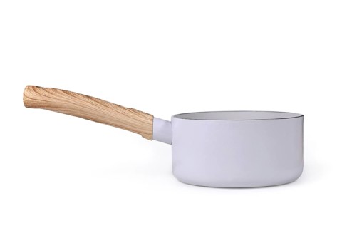 Gray cooking pot with wooden handle on white background,