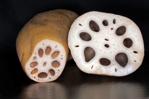 Sliced lotus root, food photography with black background