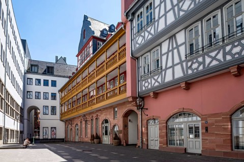 Modern and reconstructed town houses at Hof zum Rebstock, half-timbered houses