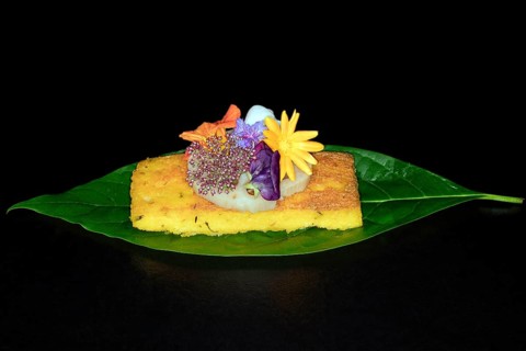Fried polenta slice with a slice of lotus root and meadow flowers as decoration on an avocado leaf, foddfotography with black background