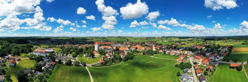 Aerial view of Haag in Upper Bavaria with the castle tower from the castle in fine weather. Haag in Upper Bavaria Upper Bavaria, Bavaria