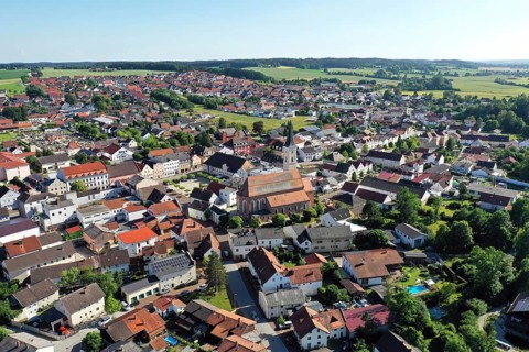 Aerial view of Frontenhausen a market town in the Lower Bavarian district of Dingolfing-Landau. Bavaria, Germany