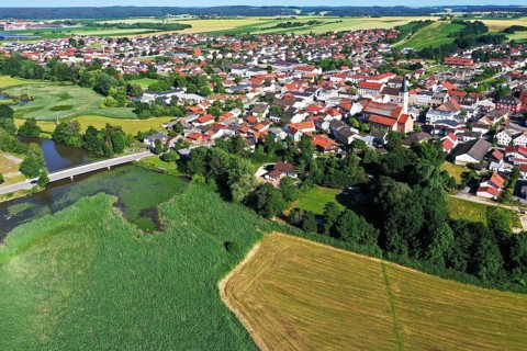 Aerial view of Frontenhausen a market town in the Lower Bavarian district of Dingolfing-Landau. Bavaria, Germany