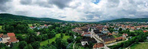 Aerial view of Ebermannstadt in cloudy weather. Forchheim, Upper Franconia