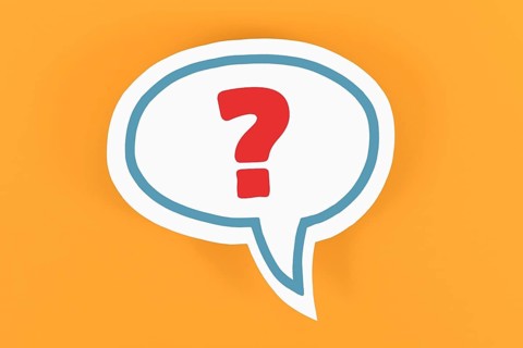 White speech bubble with question mark on yellow background,