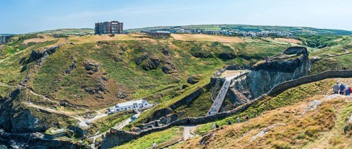 TINTAGEL Castle Bridge and Camelot Castle Hotel, North Cornwall