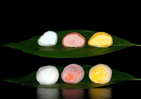 Japanese mochi ice cream filled with yuzu, mango and strawberry