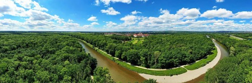 Aerial view of Wiblingen Monastery on the river Iller in fine weather. Ulm, Baden-Wuerttemberg