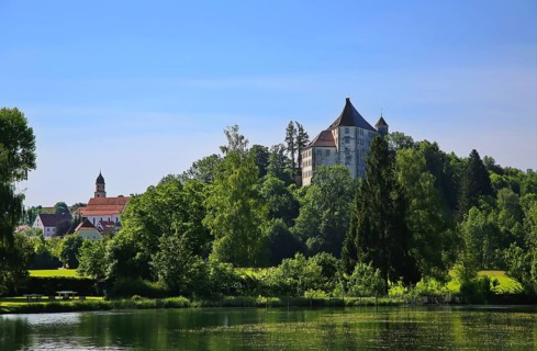 Aerial view of Bad Groenenbach with Hohes Schloss in fine weather, Unterallgaeu