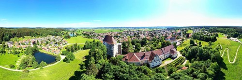Aerial view of Bad Groenenbach with Hohes Schloss in fine weather, Unterallgaeu